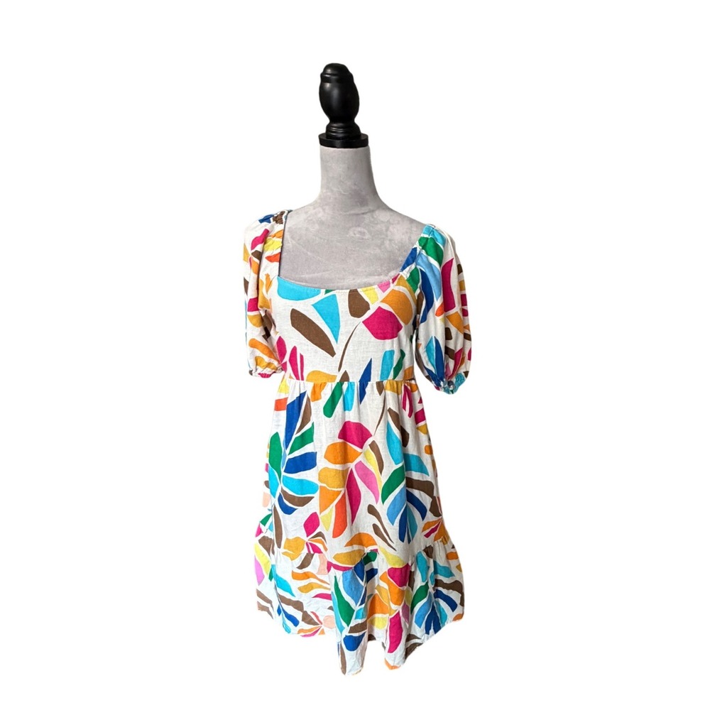 Tabitha Brown for Target Multi-Color Abstract Leaf Linen Mini Dress Womens SZ M